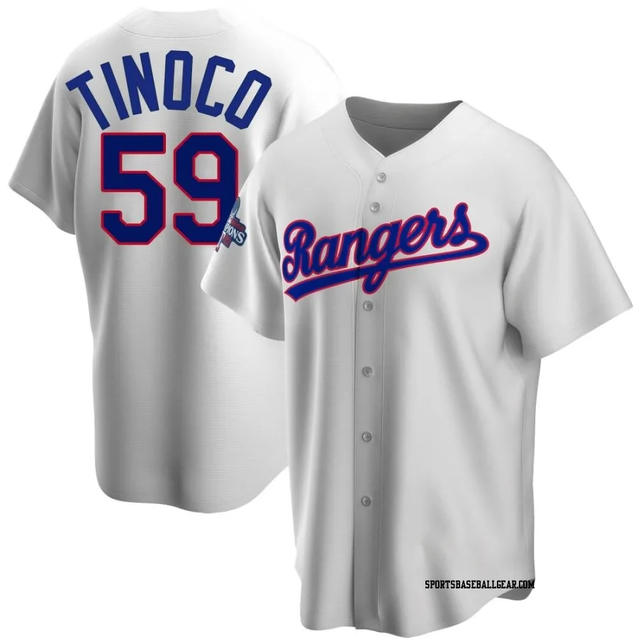 Jesus Tinoco Youth Texas Rangers White Replica Home Cooperstown Collection 2023 World Series Champions Jersey