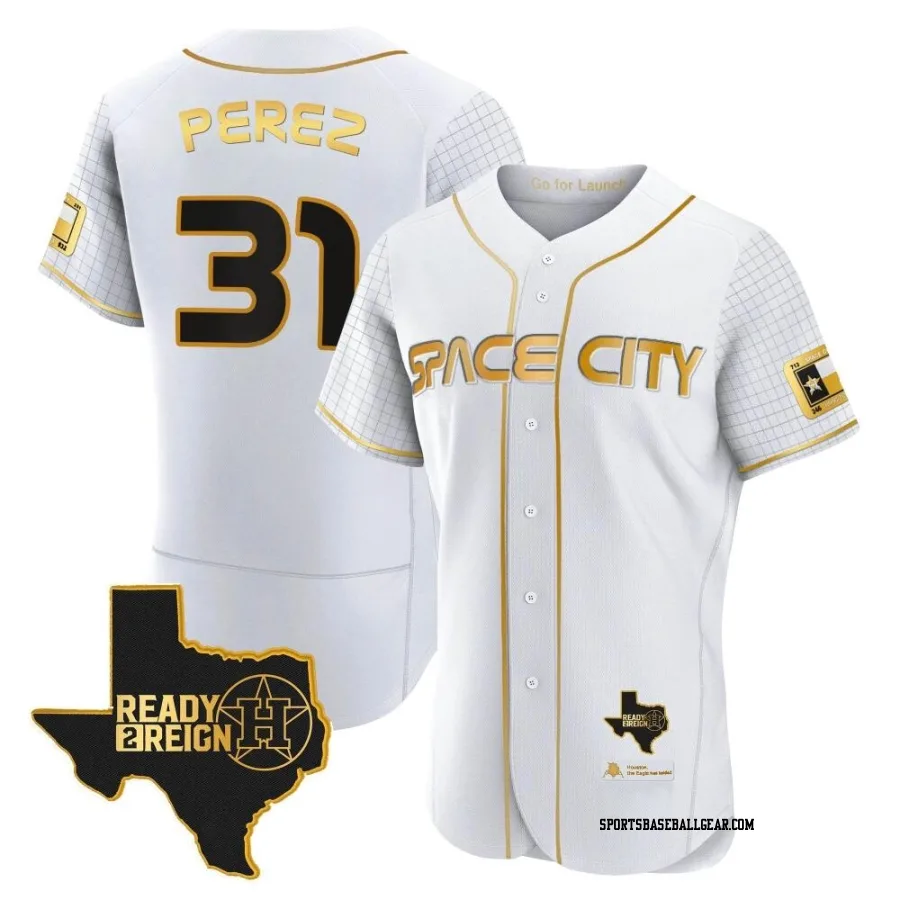 Joe Perez Men's Houston Astros White/Gold Authentic 2023 Space City Ready 2 Reign Flex Base Jersey