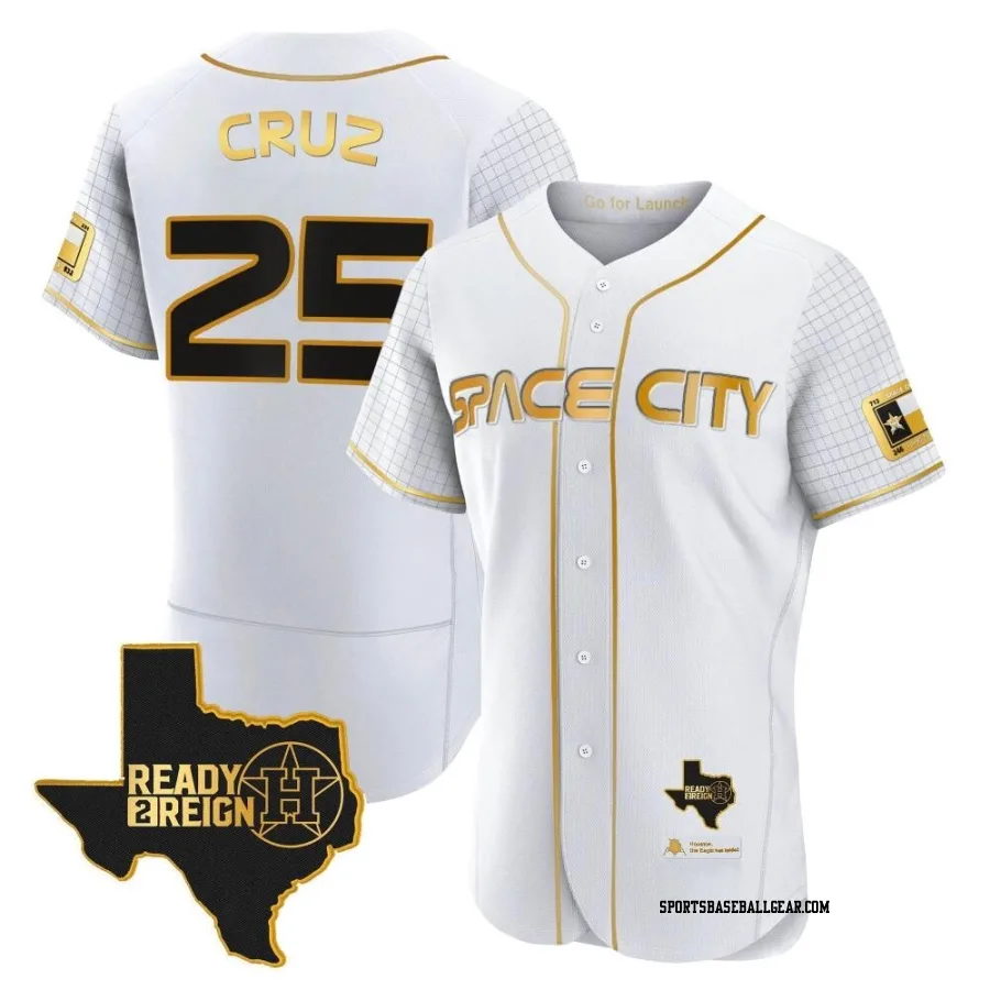 Jose Cruz Jr. Men's Houston Astros White/Gold Authentic 2023 Space City Ready 2 Reign Flex Base Jersey