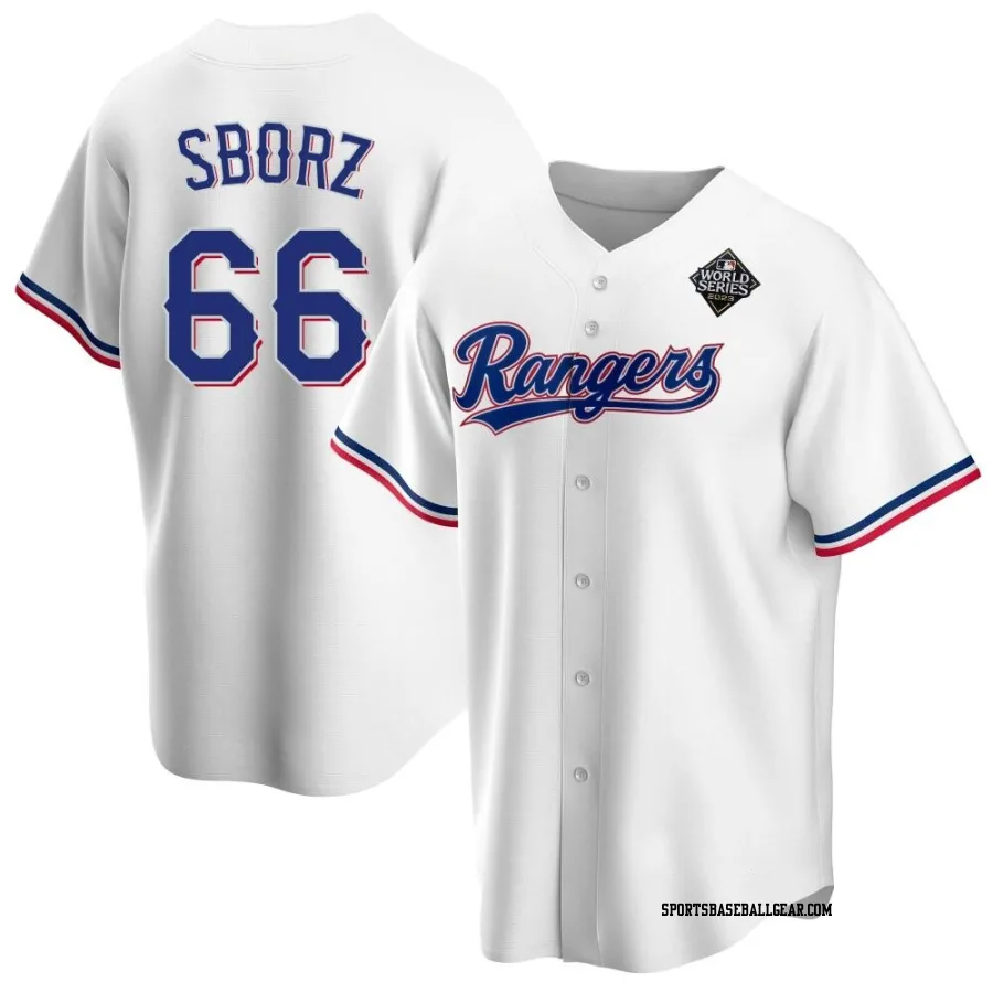 Josh Sborz Men's Texas Rangers White Replica Home 2023 World Series Jersey