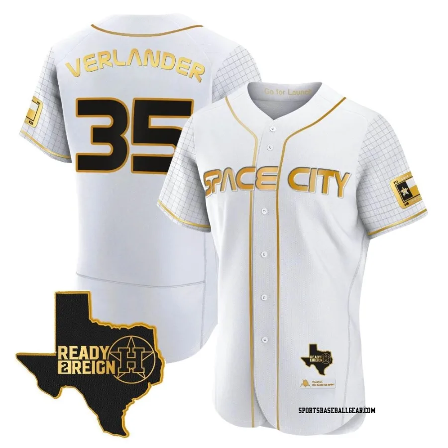 Justin Verlander Men's Houston Astros White/Gold Authentic 2023 Space City Ready 2 Reign Flex Base Jersey