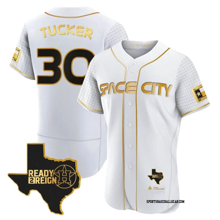 Kyle Tucker Men's Houston Astros White/Gold Authentic 2023 Space City Ready 2 Reign Flex Base Jersey