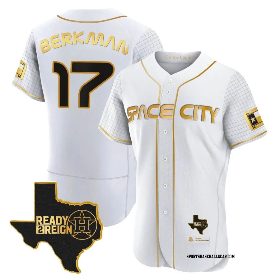 Lance Berkman Men's Houston Astros White/Gold Authentic 2023 Space City Ready 2 Reign Flex Base Jersey