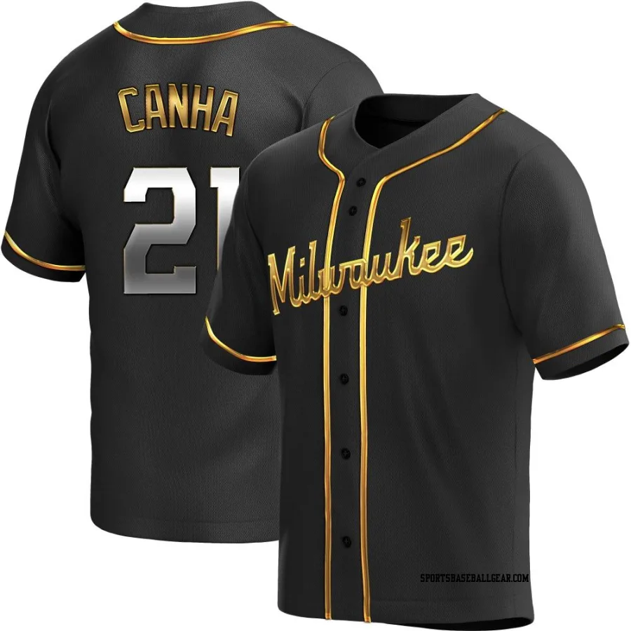 Mark Canha Men's Milwaukee Brewers Black Golden Replica Alternate Jersey