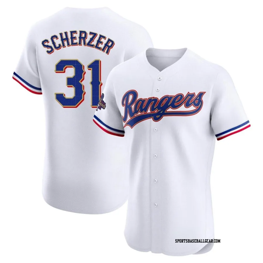 Max Scherzer Men's Texas Rangers Gold Elite White 2024 Collection Jersey