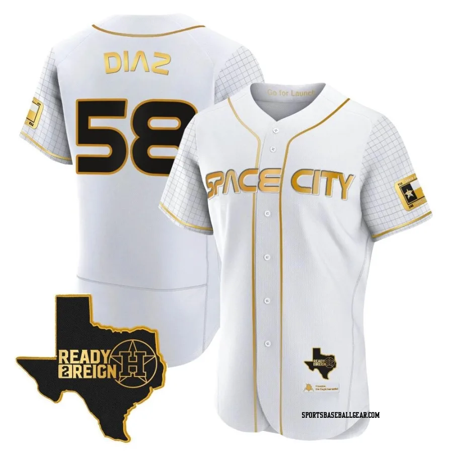 Miguel Diaz Men's Houston Astros White/Gold Authentic 2023 Space City Ready 2 Reign Flex Base Jersey