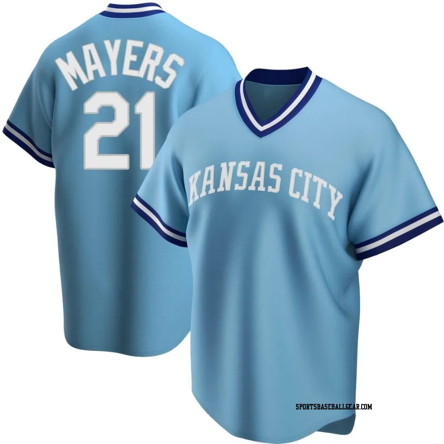 Mike Mayers Men's Kansas City Royals Light Blue Replica Road Cooperstown Collection Jersey