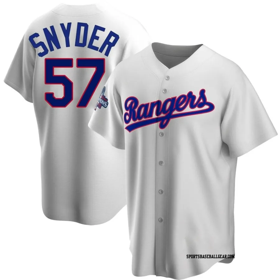 Nick Snyder Men's Texas Rangers White Replica Home Cooperstown Collection 2023 World Series Champions Jersey