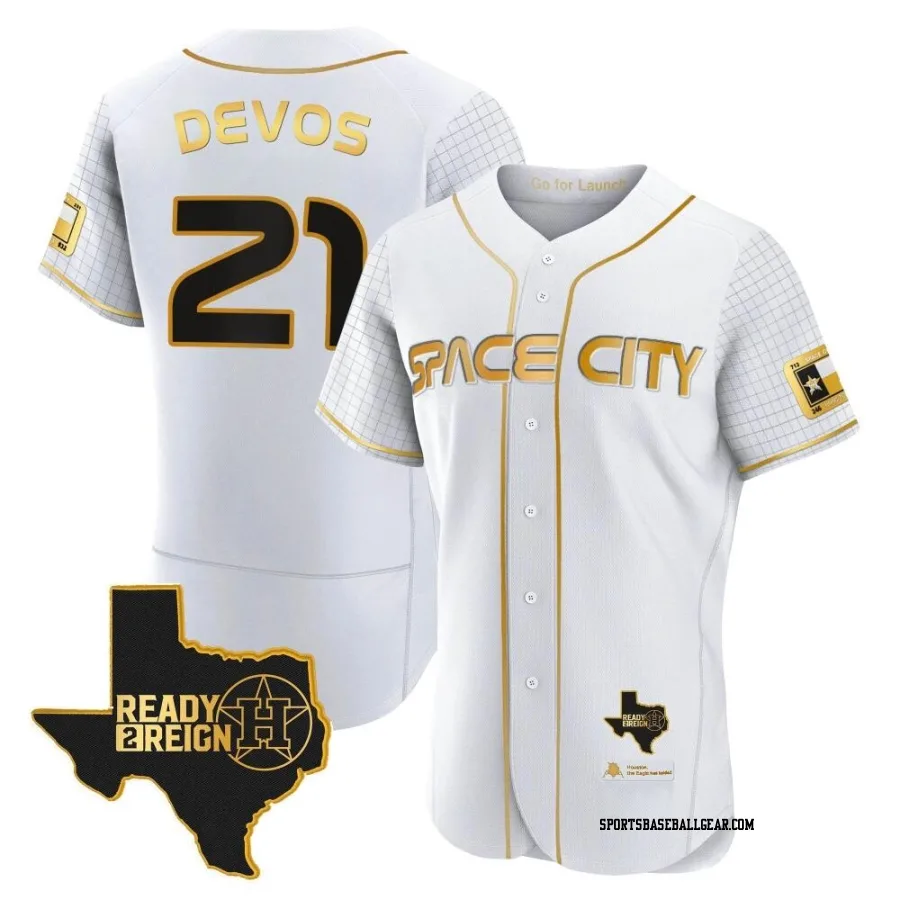 Nolan Devos Men's Houston Astros White/Gold Authentic 2023 Space City Ready 2 Reign Flex Base Jersey