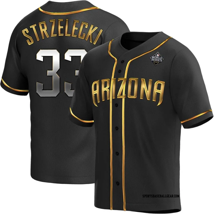 Peter Strzelecki Men's Arizona Diamondbacks Black Golden Replica Alternate 2023 World Series Jersey