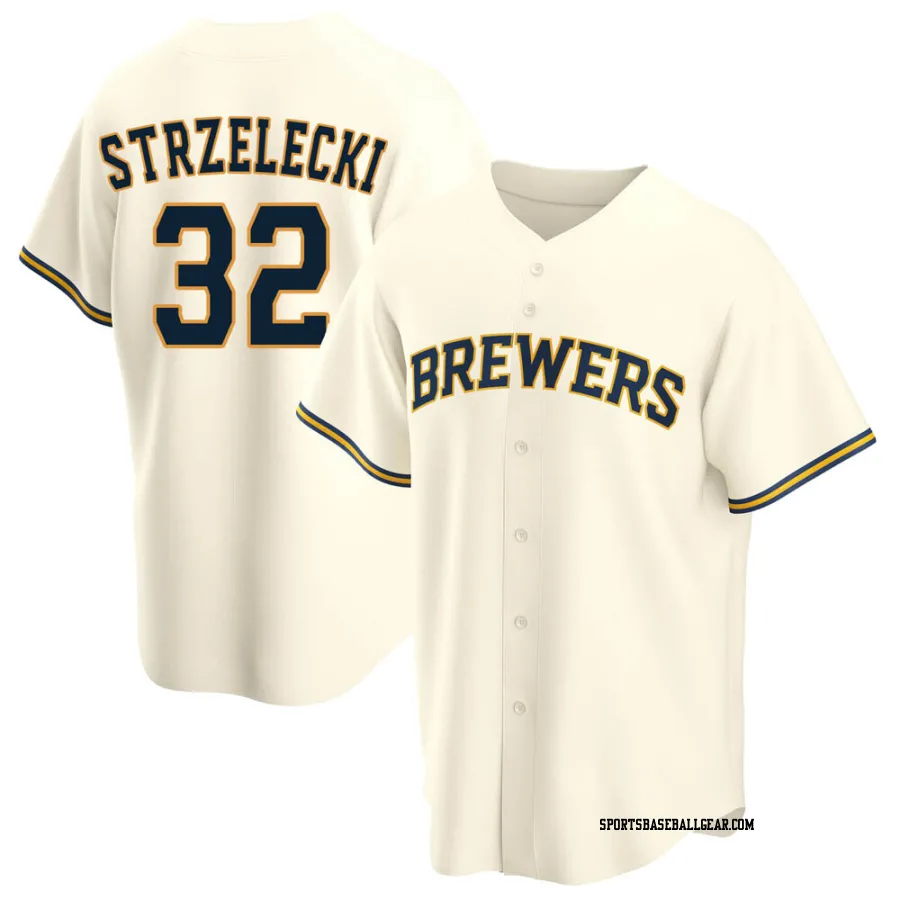 Peter Strzelecki Men's Milwaukee Brewers Cream Replica Home Jersey