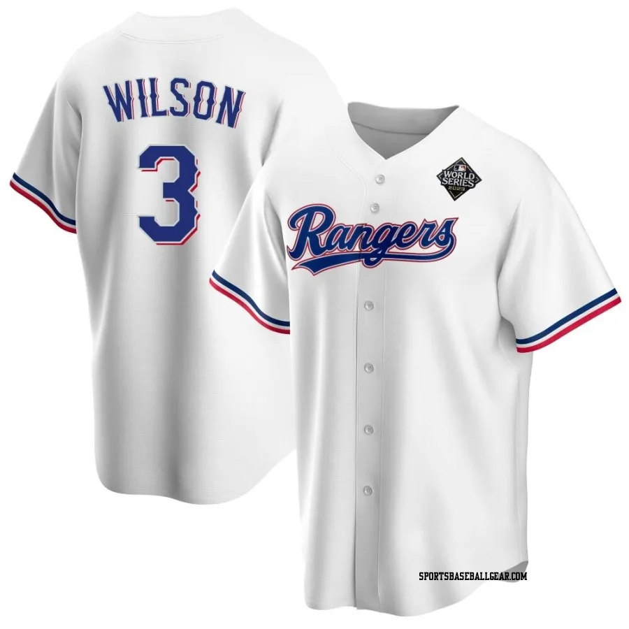 Russell Wilson Men's Texas Rangers White Replica Home 2023 World Series Jersey