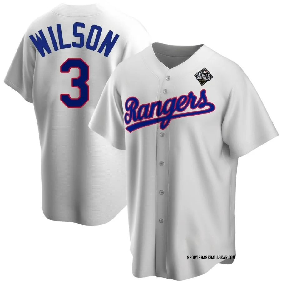 Russell Wilson Youth Texas Rangers White Replica Home Cooperstown Collection 2023 World Series Jersey