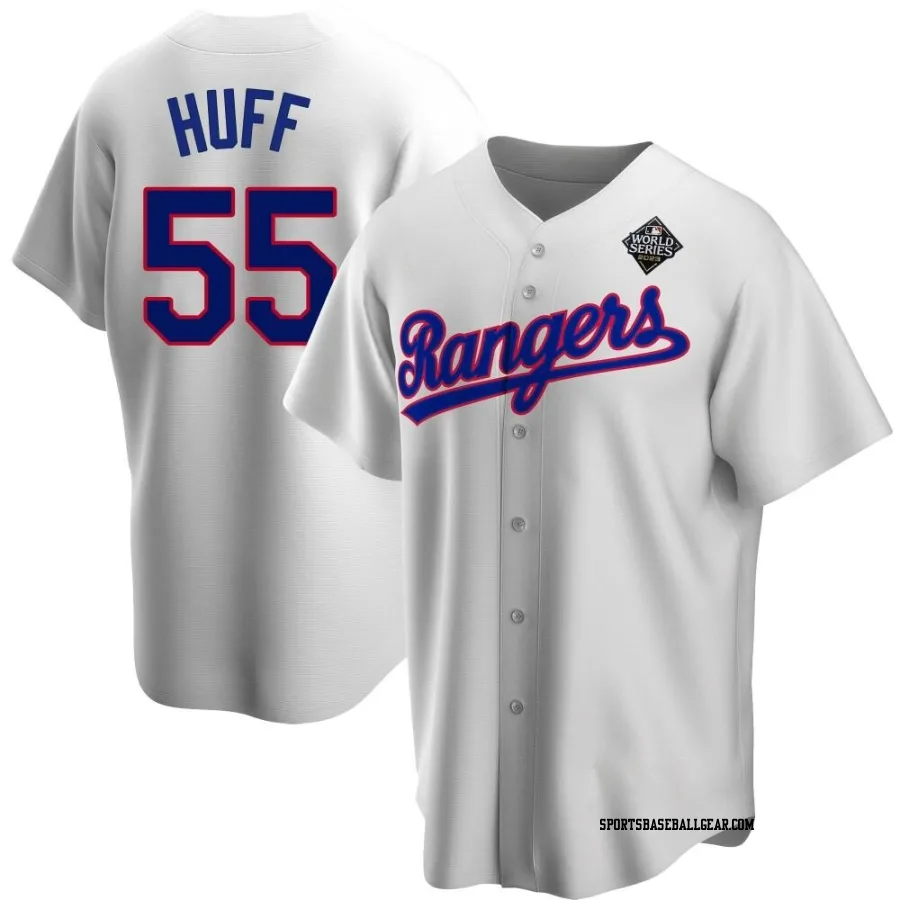 Sam Huff Men's Texas Rangers White Replica Home Cooperstown Collection 2023 World Series Jersey