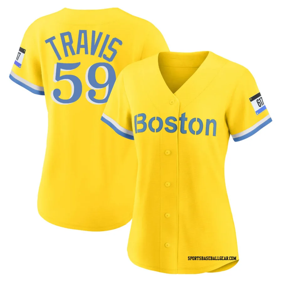 Sam Travis Women's Boston Red Sox Gold/Light Replica Blue 2021 City Connect Player Jersey