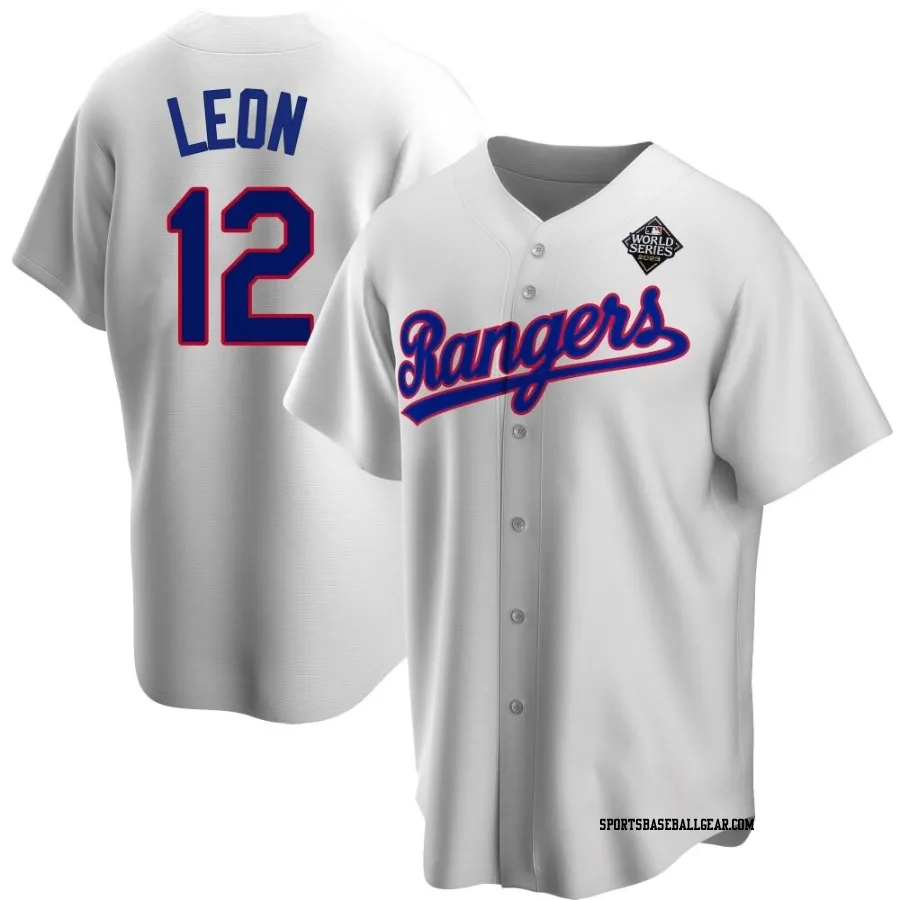 Sandy Leon Men's Texas Rangers White Replica Home Cooperstown Collection 2023 World Series Jersey