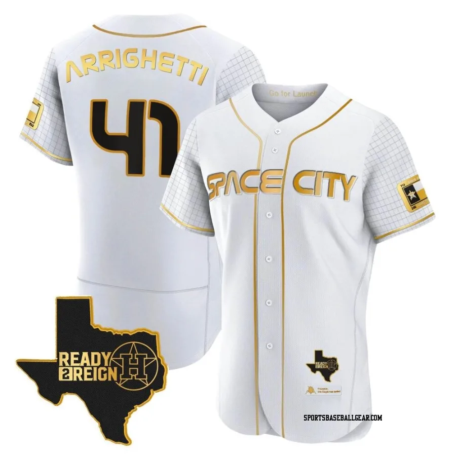 Spencer Arrighetti Men's Houston Astros White/Gold Authentic 2023 Space City Ready 2 Reign Flex Base Jersey