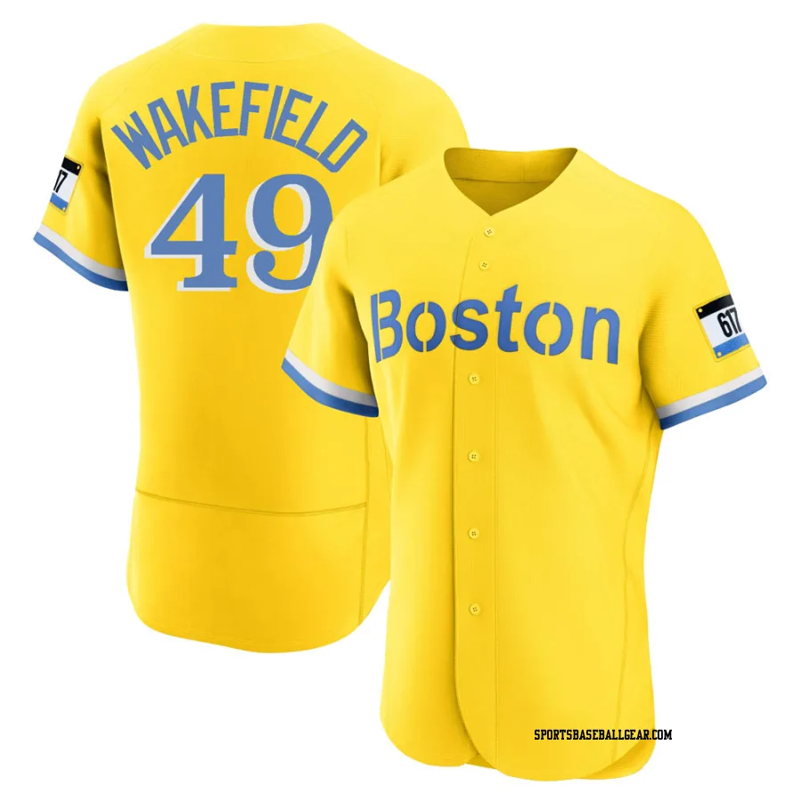 Tim Wakefield Men's Boston Red Sox Gold/Light Authentic Blue 2021 City Connect Jersey