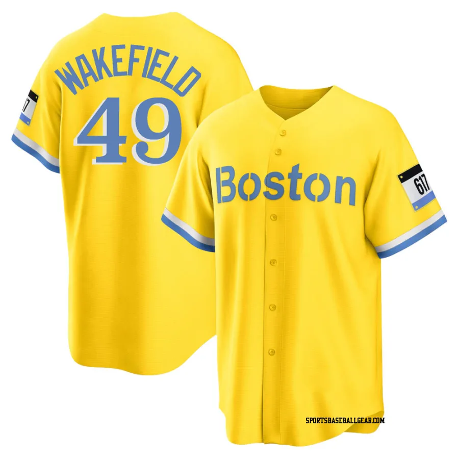 Tim Wakefield Men's Boston Red Sox Gold/Light Replica Blue 2021 City Connect Player Jersey