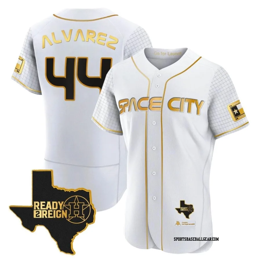 Yordan Alvarez Men's Houston Astros White/Gold Authentic 2023 Space City Ready 2 Reign Flex Base Jersey